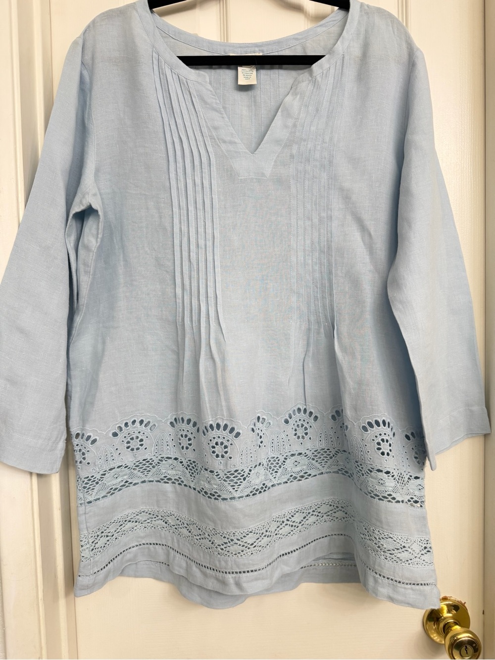 7095 Sundance Light Blue Embroidered Pintuck Tunic 100% Linen
